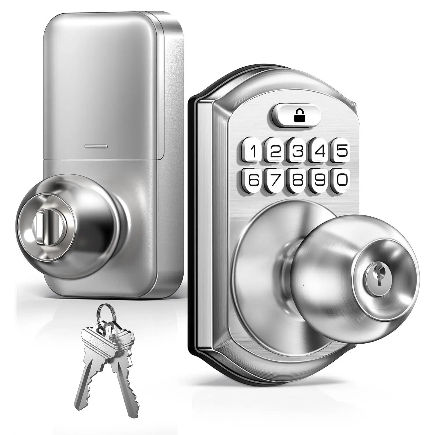 TE003 Keyless Entry Keypad Door Lock with Handle,  Digital  Locks for Front Door,  Door Knob with Code for Bedroom, Auto Lock, Passage Mode, Easy to Install, Satin Nickel