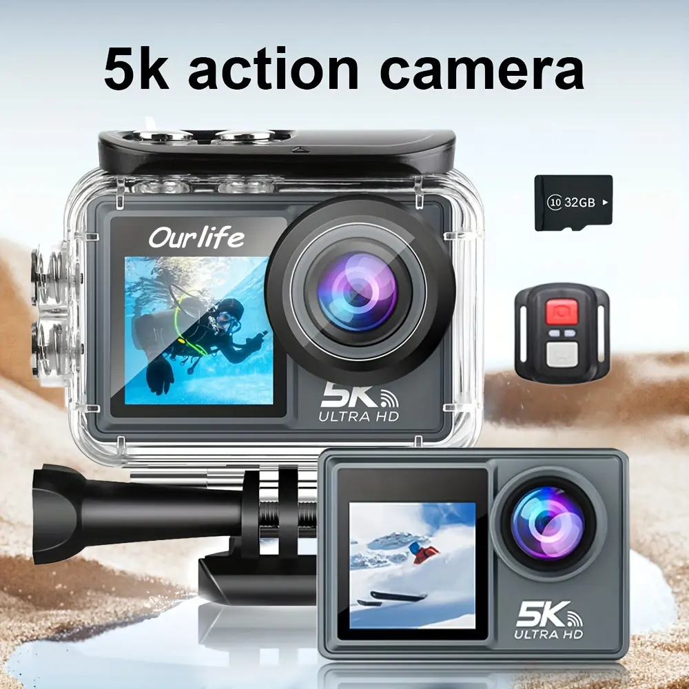 Touchscreen Waterproof Sports Camera 5k30fps 50mp, Remote Control, 32GB Storage Card, Wide Angle Lens, Underwater Video, Surfing Skiing Photography, Action Camera