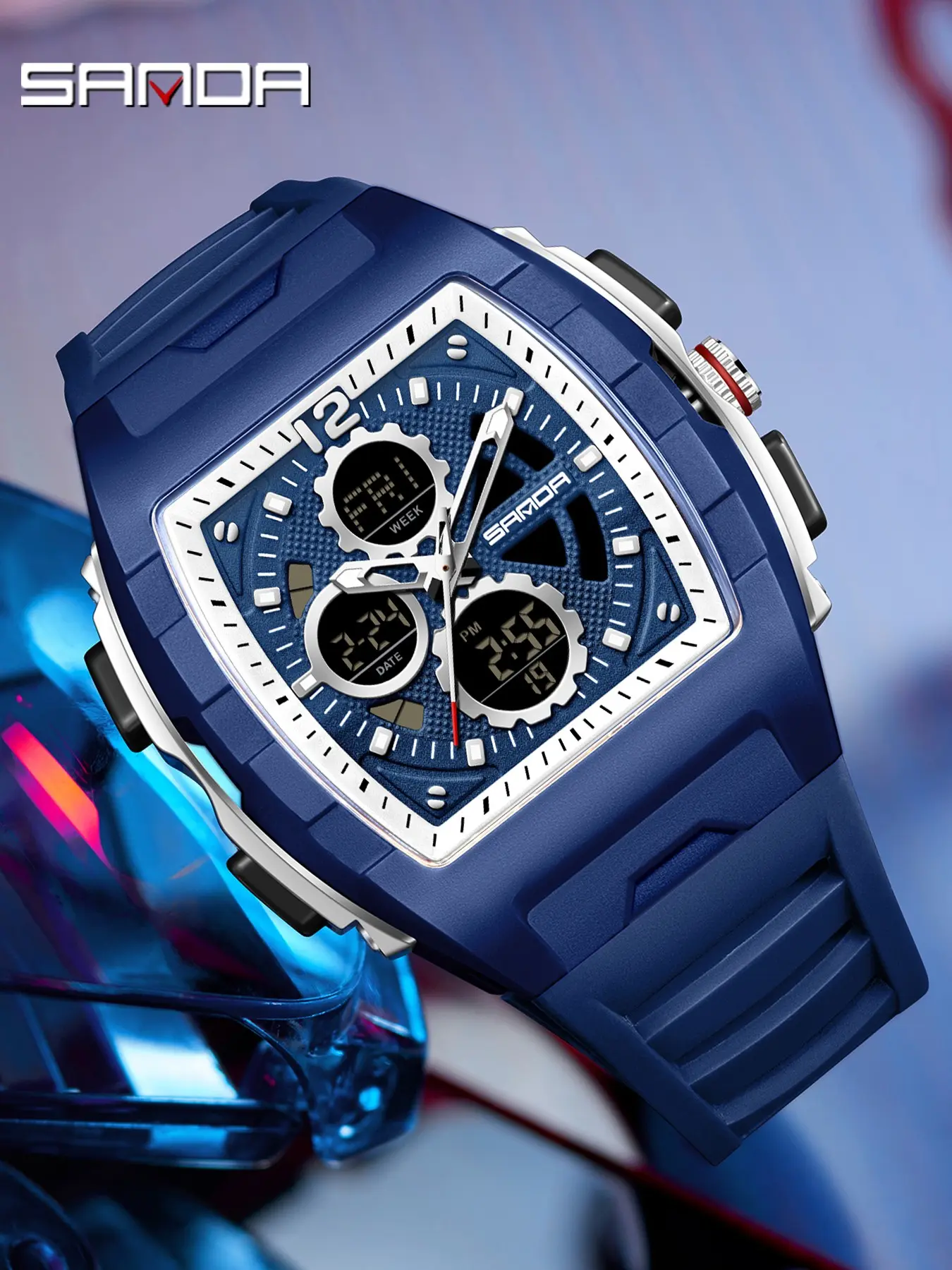 Men's Sporty Quartz Watch, Analog-Digital LED Display, Waterproof, 52mm Round Face, Buckle Closure, All Seasons, High-End Brand, Fashion Waterproof Watch