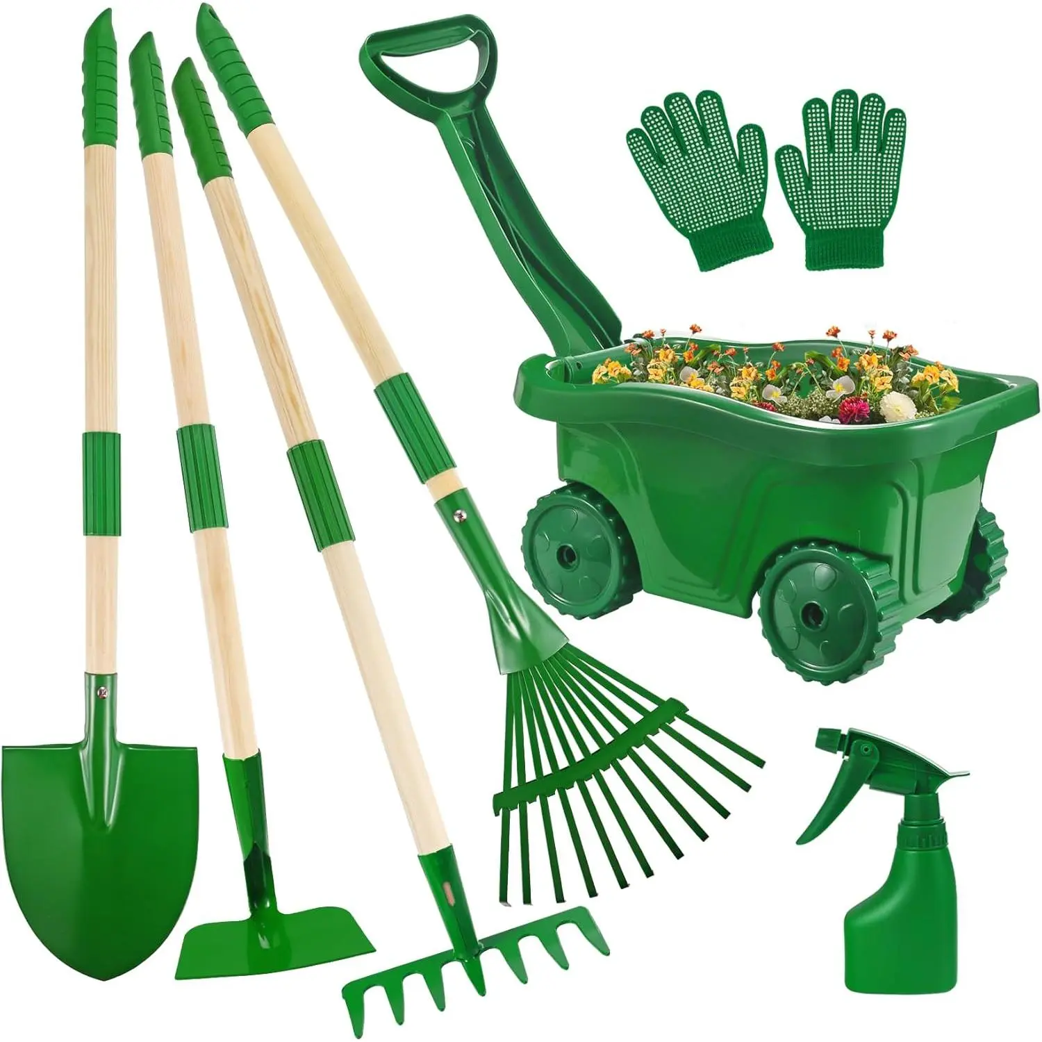 Kids Gardening Tools Set - 7pcs Wheelbarrow Set for Kids with Shovel, Rake, Leaf Rake, Summer Outdoor Yard Digging Weed Birthday Gifts Toys, Easter for Boys Girls Age 2 3+ Years(Green)fidget toys