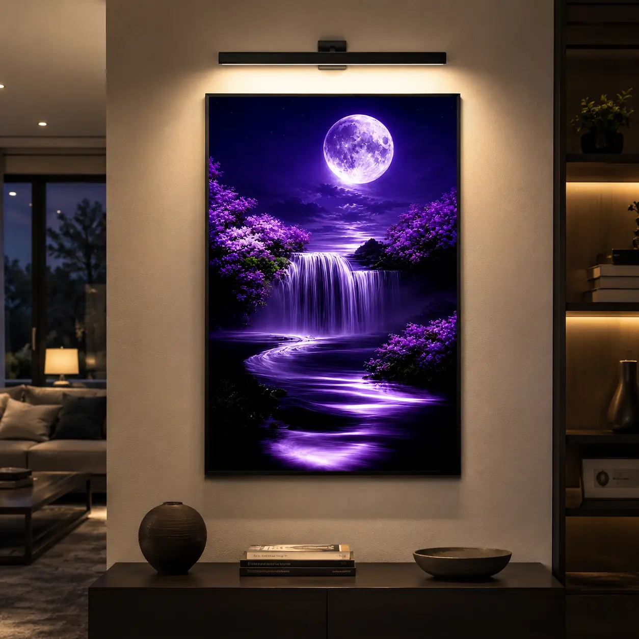 2D Purple Moon Canvas Art, 1-Piece Waterfall and Purple Flowers Design, Framed Art Print, Home Wall Decor for Bedroom, Living Room or Hallway, Modern Aesthetic Poster, Fantasy Landscape Wall Art, Dreamy Room Decor, Nature Lover Gift, Ready to Hang