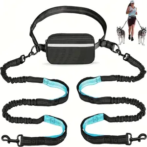 Adjustable Hands-Free Dog Running Leash with Waist Belt, Double Handles & Shock Absorbing Bungee, Reflective Leash for Medium & Large Dogs Walking Jogging Hiking