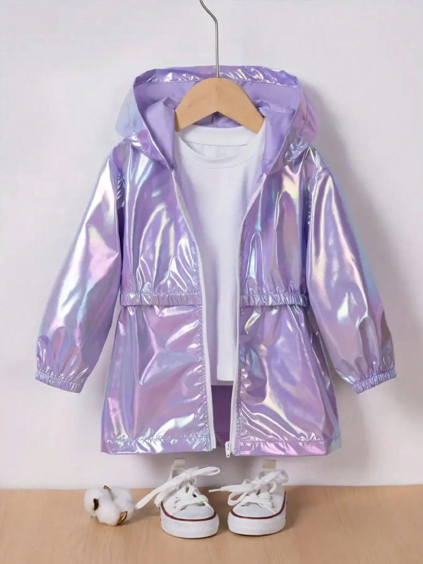 Little Girls Iridescent Hooded Windbreaker, Casual Comfy Jacket, Shiny Hologram Fabric, Adjustable Waist, Elastic Cuffs, Waterproof & Lightweight, Spring Outdoor Style