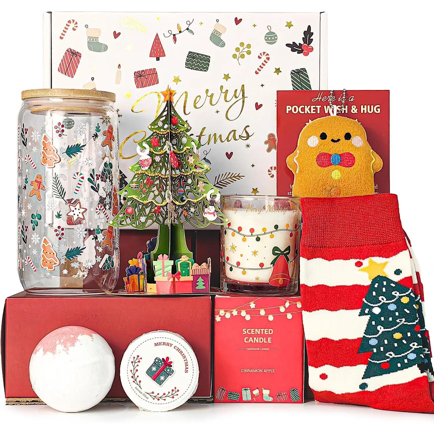 Christmas  for Women 2026,  Christmas Basket for Coworker Teacher Employee Sister   Mom Wife, Xmas Holiday Gifts for Women  Santa  Box Set with Holiday Glass Cup