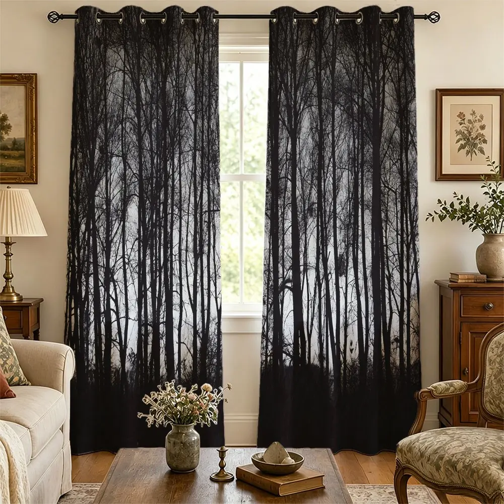2panels Dark Forest Tree Silhouette Window Blackout Polyester Thermal Insulated Curtains, Natural Landscape Print, Contemporary Style, 72 Inch Width, Ideal for Living Room & Bedroom Decor