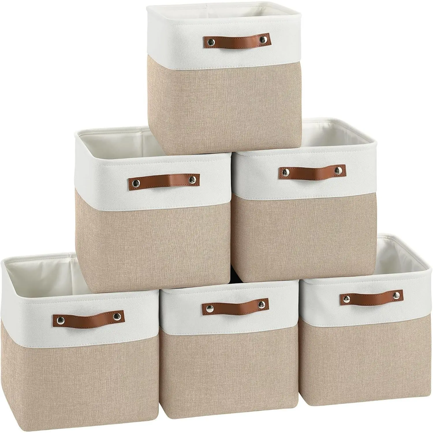 11 inch Cube Storage Bin 6 Pack, Cube Organizer Bins | Fabric Storage Bins With Handles, 11x11 Storage Cubes, Shelf Basket, White/ KhakiGift