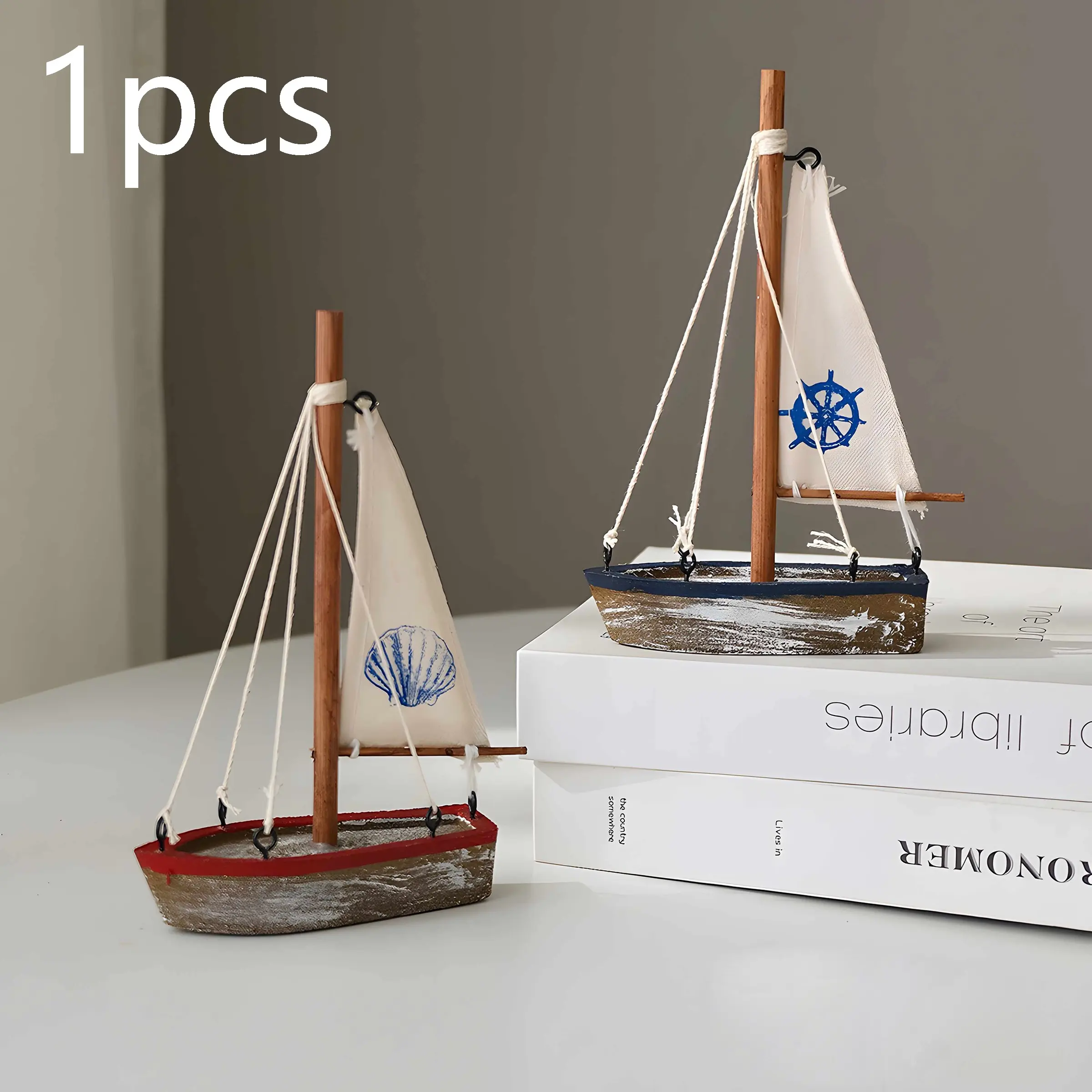 Mediterranean Style Wooden Sailboat Model Decor, Vintage Weathered Desk Ornament, Creative Home Decoration, Decorative Figurine, Shell Rudder Craft Ship