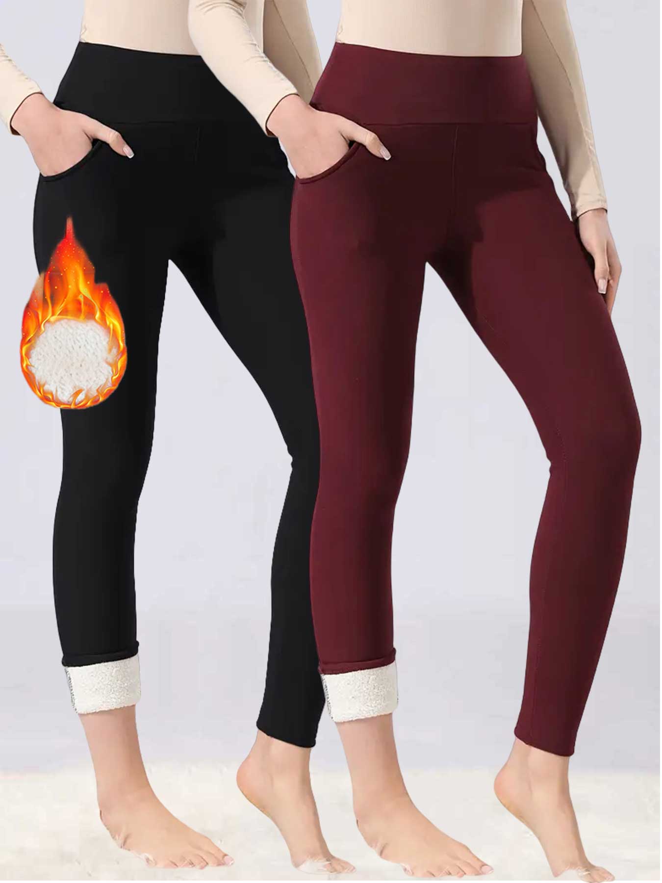 Women's Fall Winter High Waist Fleece Lined Leggings, Skinny Yoga Bottoms, Sporty Tight-Fitting Yoga Pants with Pockets, Warm Thick Woven Fabric