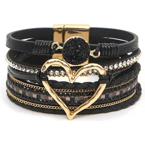 Leather Wrap Bracelet  Women, Boho Cuff Bracelet with Strong Clasp, Multi-Layer Crystal Leather Bracelet  Valentine's Day