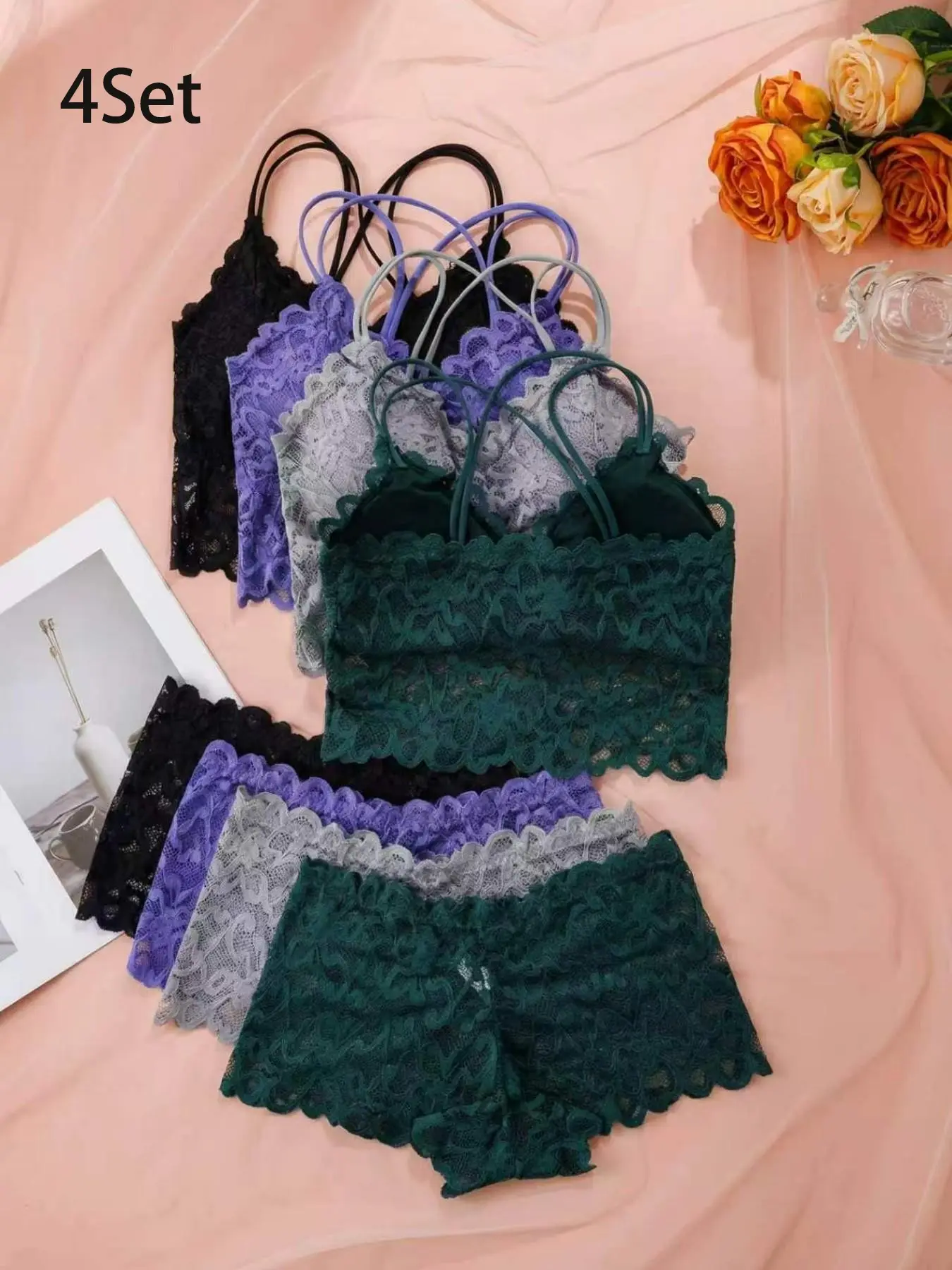 Sexy Feminine Elegance Aesthetic Soft Lingerie for Women Underwear Eyelash Lace Mesh Matching Bra and Panty Sets Push Up Lace Bralette 2 Piece Lingerie Set  Sheer Floral Lace Pajamas Lingerie Set  Sleepwear Bra and Panty