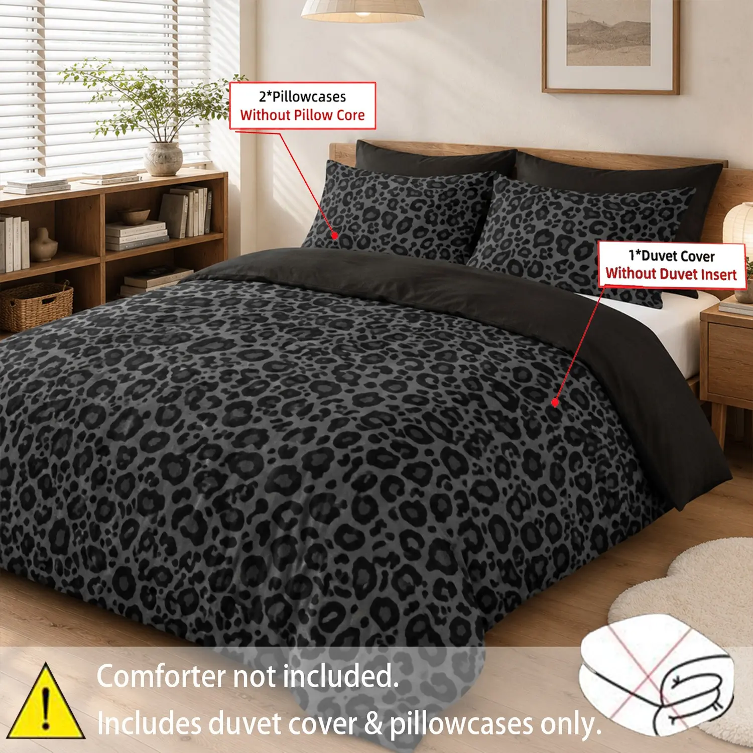 3pcs black leopard print duvet cover set, Bedding set with leopard print, suitable for bedrooms and guest rooms, optional sizes, machine washable, room decor