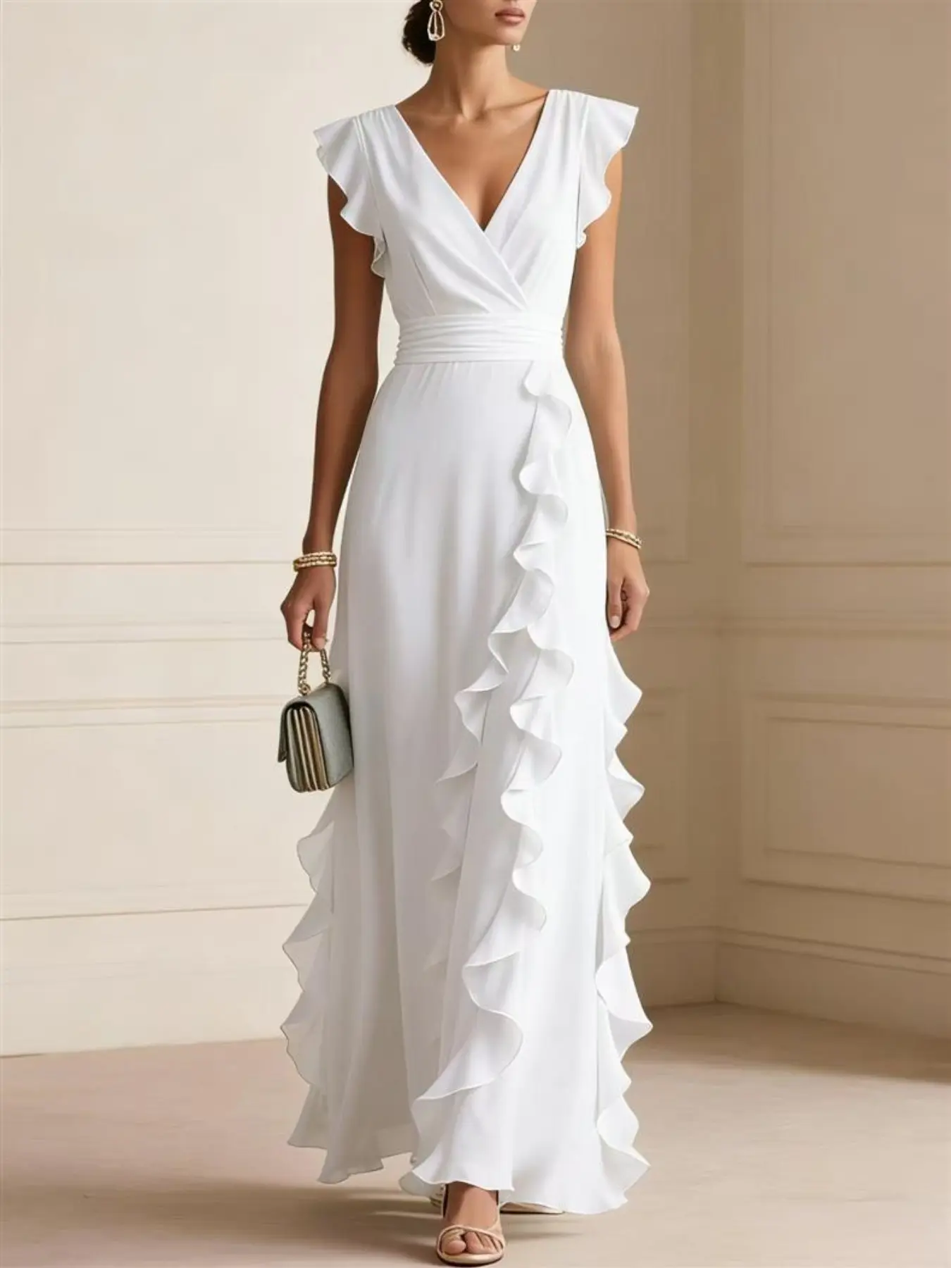 【highland exclusive】Women’s Elegant Maxi Dress, V Neck Ruffle Dress, Flutter Sleeve Wrap, Formal Long Dress, Wedding Guest Evening Party Gown Elegance