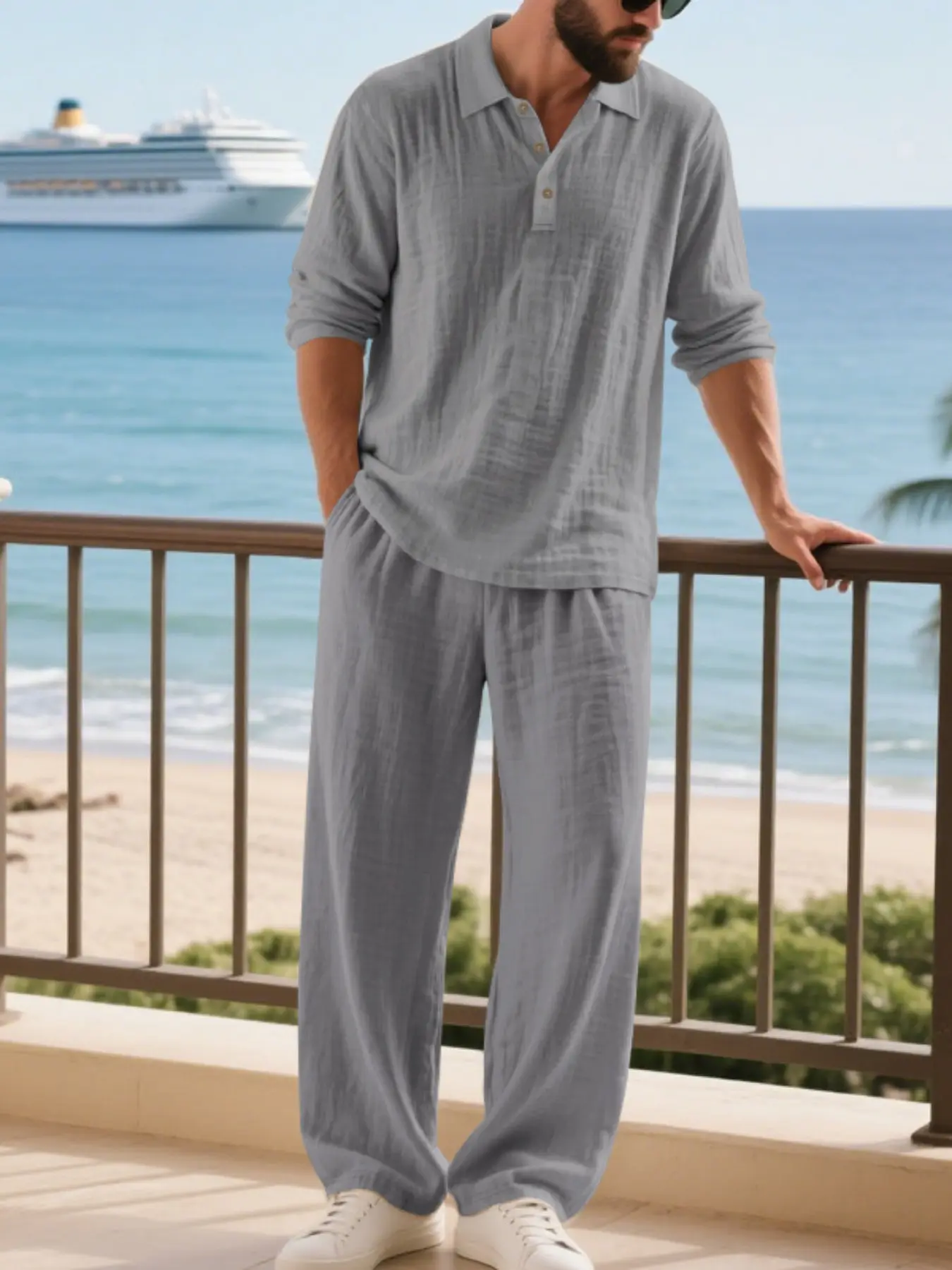 Men's Linen Four-Season Resort Style Set, Breathable V Neck Henley Long Sleeve Shirt + Versatile Loose Pants, Casual Vacation, Menswear