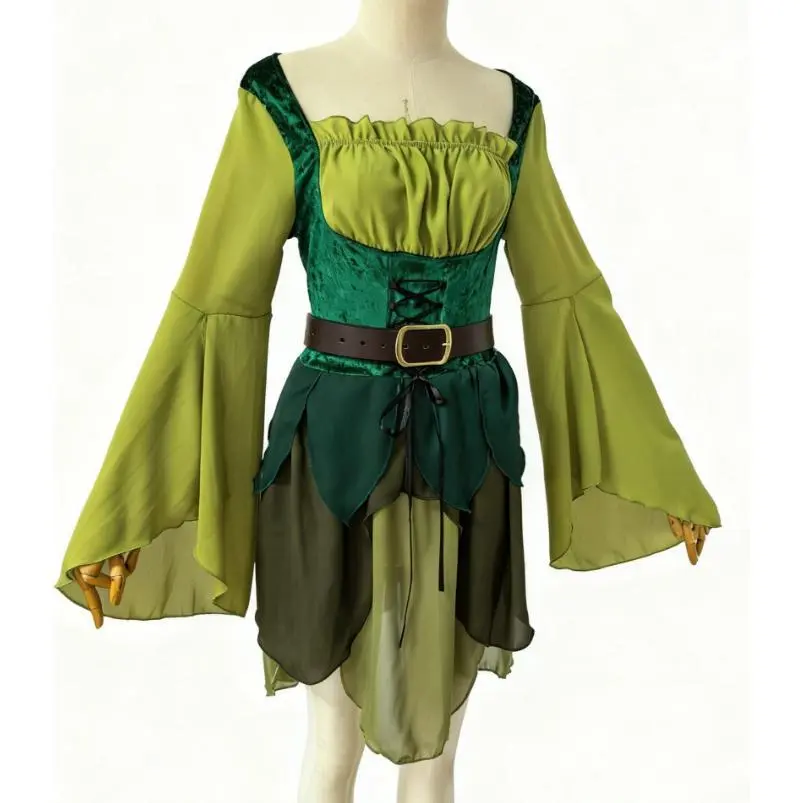 Women's Elf Medieval Green Fairy Dress Magical Elf Dress and Belt with Wings Halloween Cosplay Costumes Elf role-playing costume