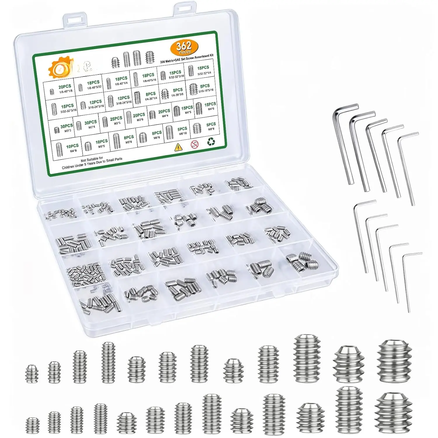 362 count 25 Size Set Screw  Kit,M3-M8, 1/8"-40 to 5/16"-18 | 304 Stainless Steel Metric Screw  And SAE Allen  Set Screws For Bathroom Fixtures