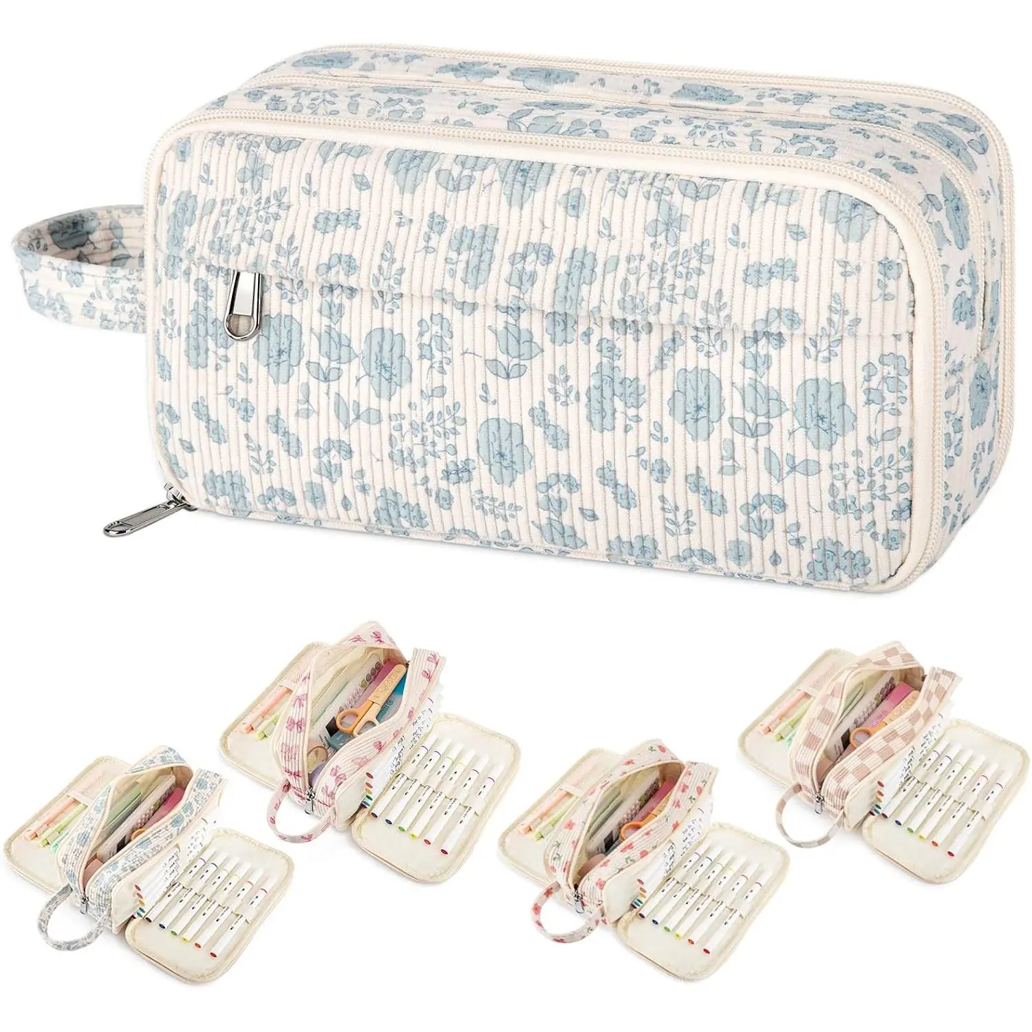 Corduroy Pencil Case Pouch with Convenient Handle - 4 Compartments, Multiple Pockets, Back to School College Supplies, Stuff for School Organizer for Teen Girls (Blue Flower), Storage Organizer
