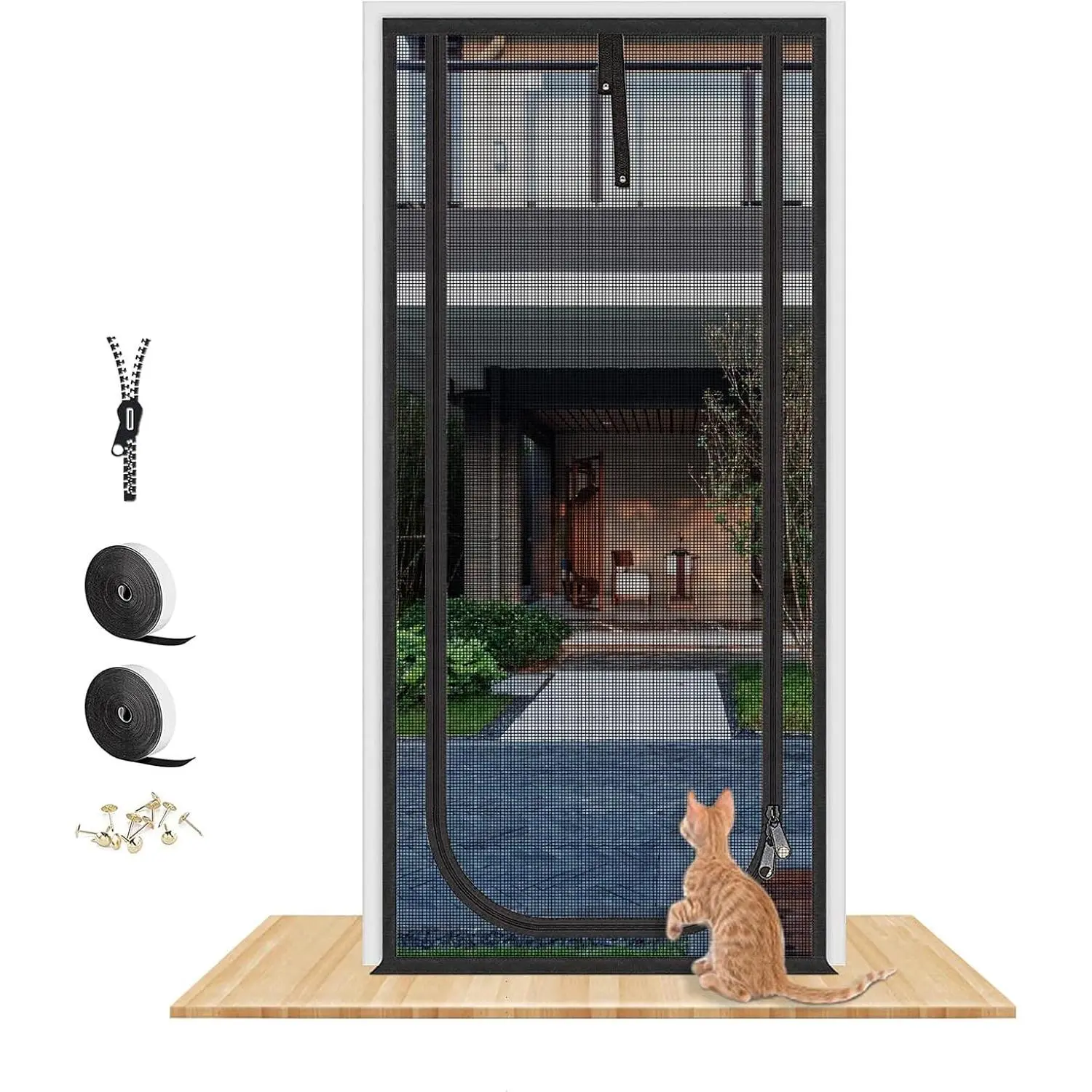QWR Reinforced Cat Screen Door,Fits Door Opening Size 32''x 80'',Thickened Cat Proof Mesh Screen Door with Zipper Closure for Living Room,Kitchen,Bedroom (U-Type,Black)
