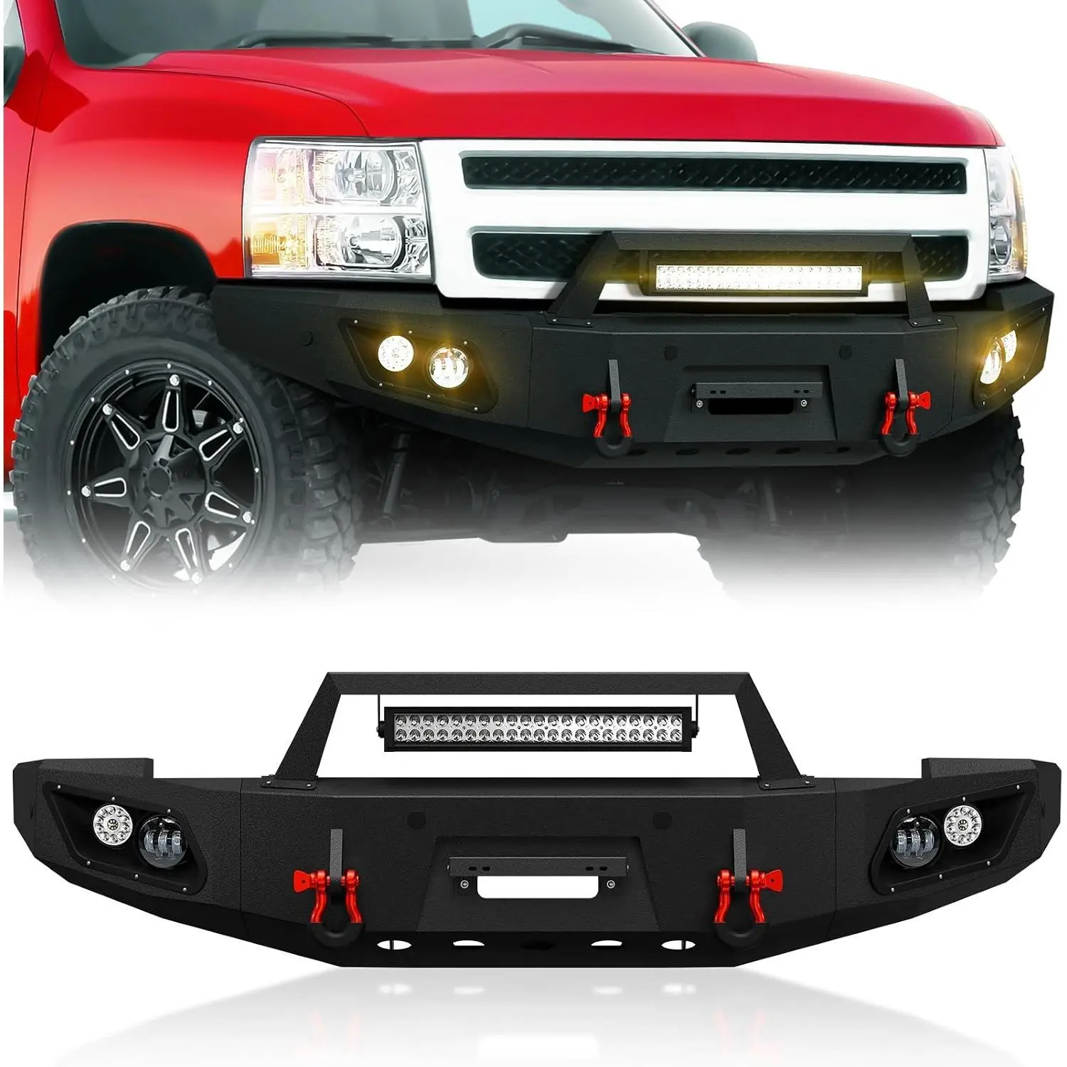 Nilight Front Bumper for 2007-2013 2nd Gen Chevy Silverado 1500 Off-Road Pickup Truck, with Winch Plate, Sensor Holes, 5 LED Lights, License Plate Bracket, D-Rings, Black