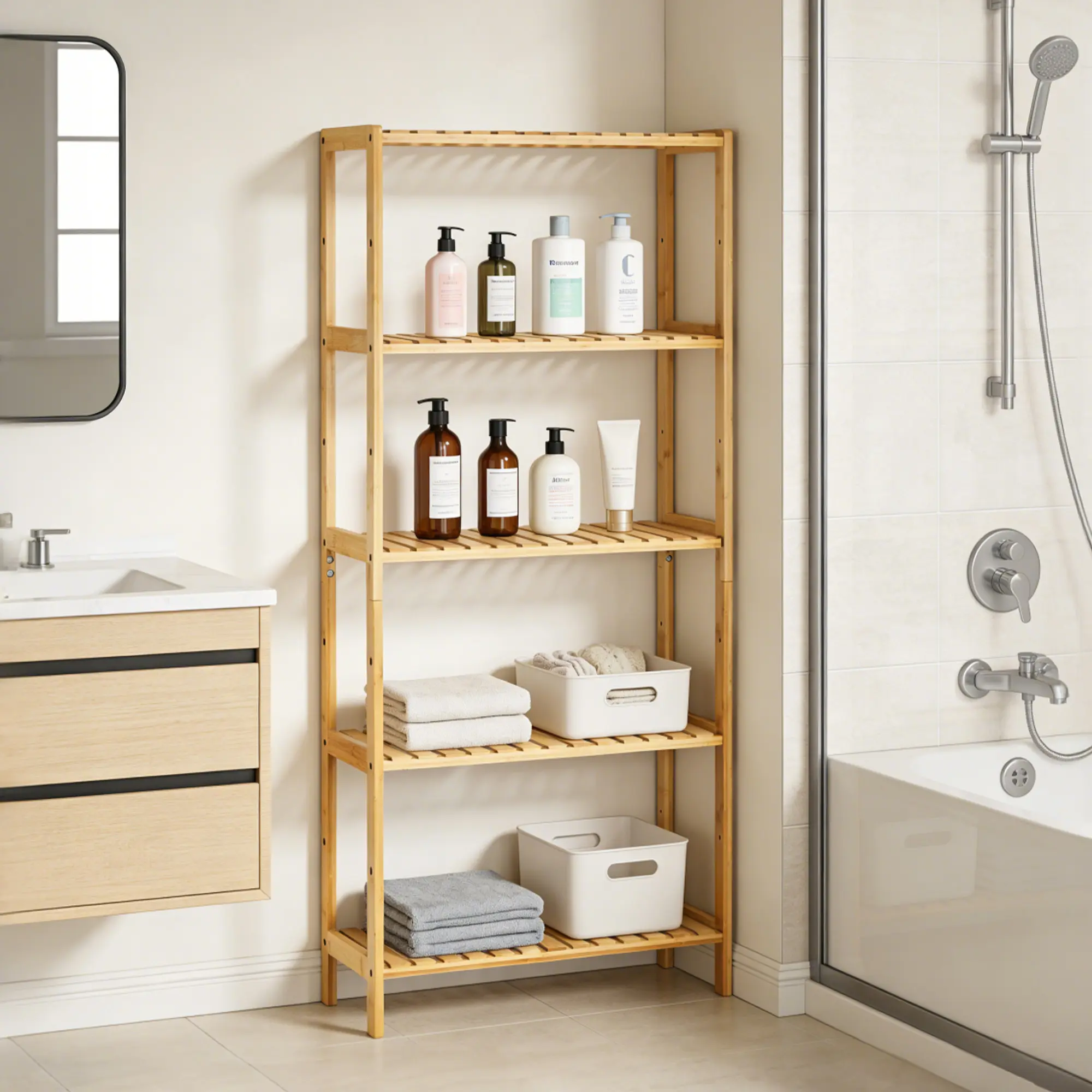 Garvee Minimalist Lightweight 5-Tier Wooden Standing Shelf - Freestanding Storage Rack with Narrow Smooth Slatted Shelves - Ideal for Bathroom, Home Users - Natural Wood Organizer for Towels, Plants, Shoes, Entryway Corner (Bathroom Decor Ideas Included)