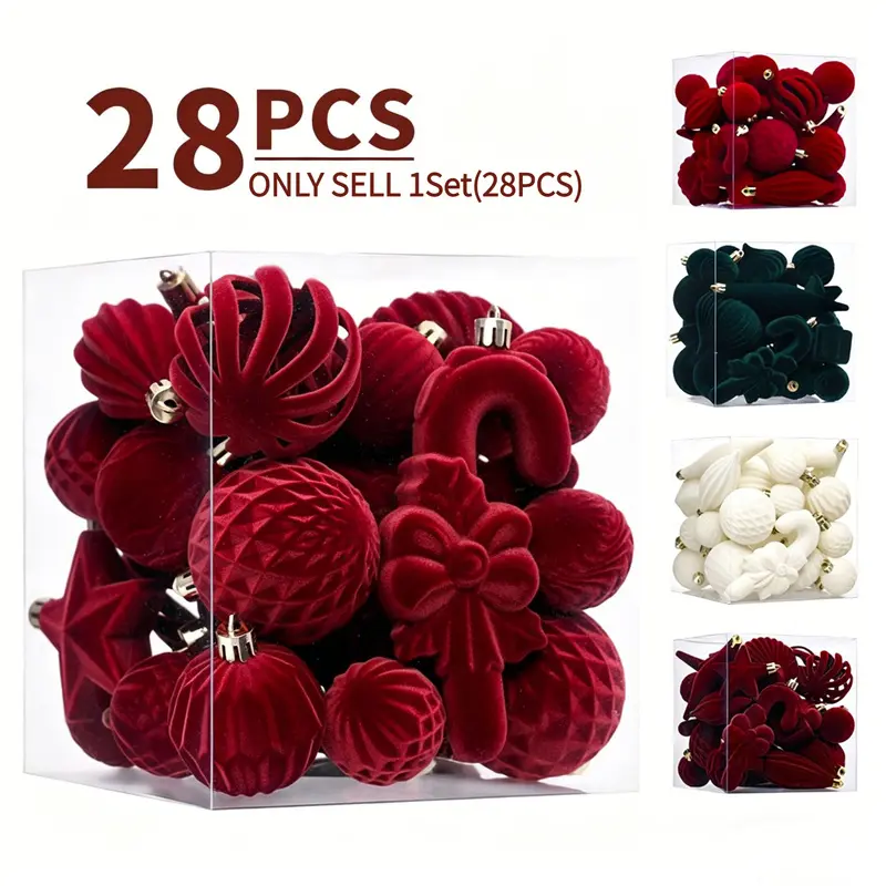 Velvet Ornaments for Christmas Tree Wine Red Flocked Christmas Ornaments Shatterproof Hanging Ball Set for Xmas Winter Holiday Decorations Plastic Hanging Decor