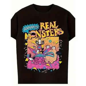 180gAaahh!! !True Monster Pattern T-Shirt - 100% Crew Neck T-Shirt with Comic Art, Slightly Stretchy And Regular Fit - Casual Summer Top, Casual Outfit |   Vibrant Colorful Design |   Short Sleeve Shirt