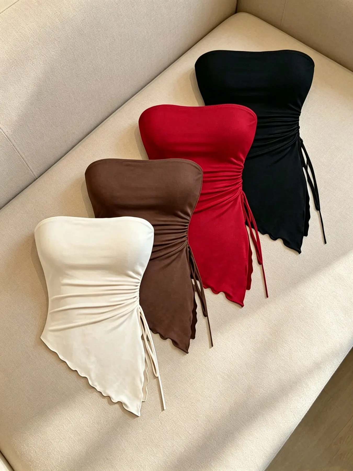 Spring Summer Trendy Y2K Sexy Crop Camisole Set, Adjustable Drawstring Strapless Cami, Four-Piece, Fashionable and Versatile