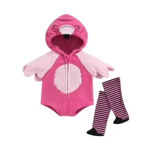 Baby Girl Wing Romper Hooded Long Sleeve Bird Print Zipper Bodysuit 2Pcs Set with Socks Cute Outfit