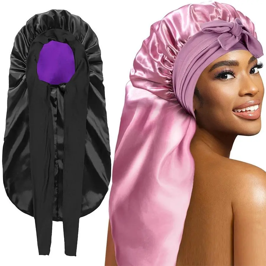 Extra Large Satin Bonnet with Adjustable Long Tail Tie, Sporty Heatless Hair Protector for Women with Braids or Locs, Heatless Hair Bonnet, Hair Styling Cap