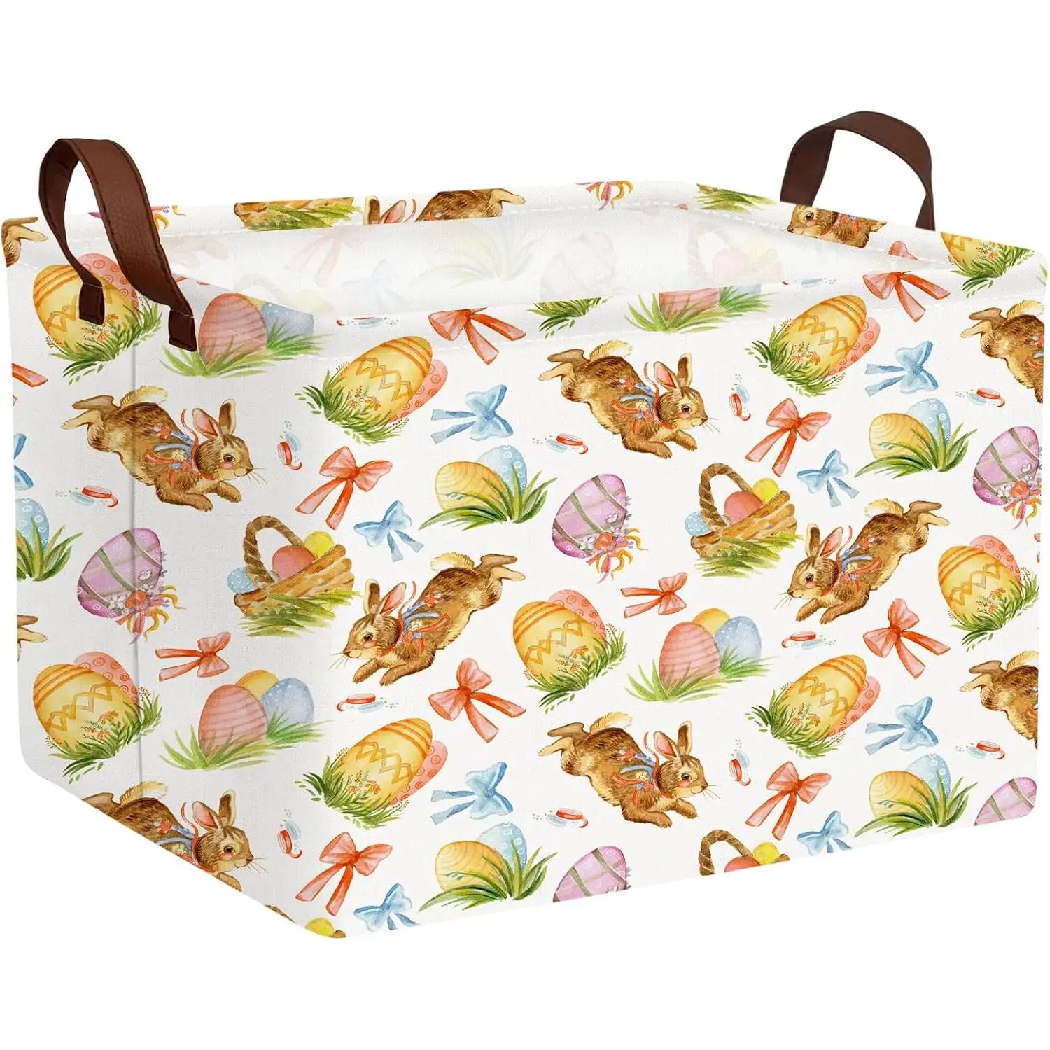 Large Easter Basket  Empty Cute Easter Storage Bin  Room Bunny Egg Decor (Colorful-01)