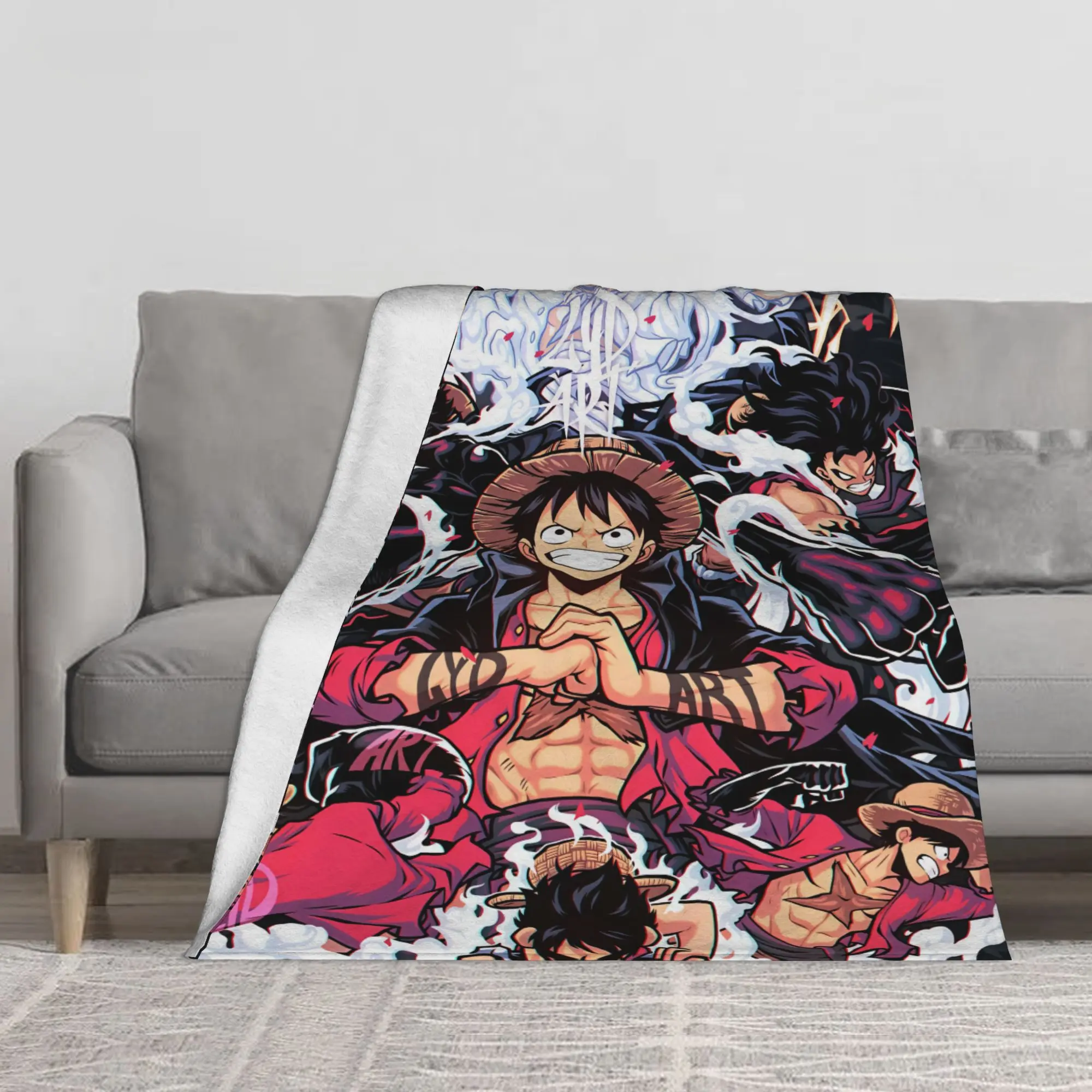 One Piece Multiple Luffy Forms Gear 5 Art Print Throw Blanket, Soft Lightweight Cozy Flannel Blanket, Warm Comfortable Blanket for Bed Sofa, Gift for One Piece Luffy Fans