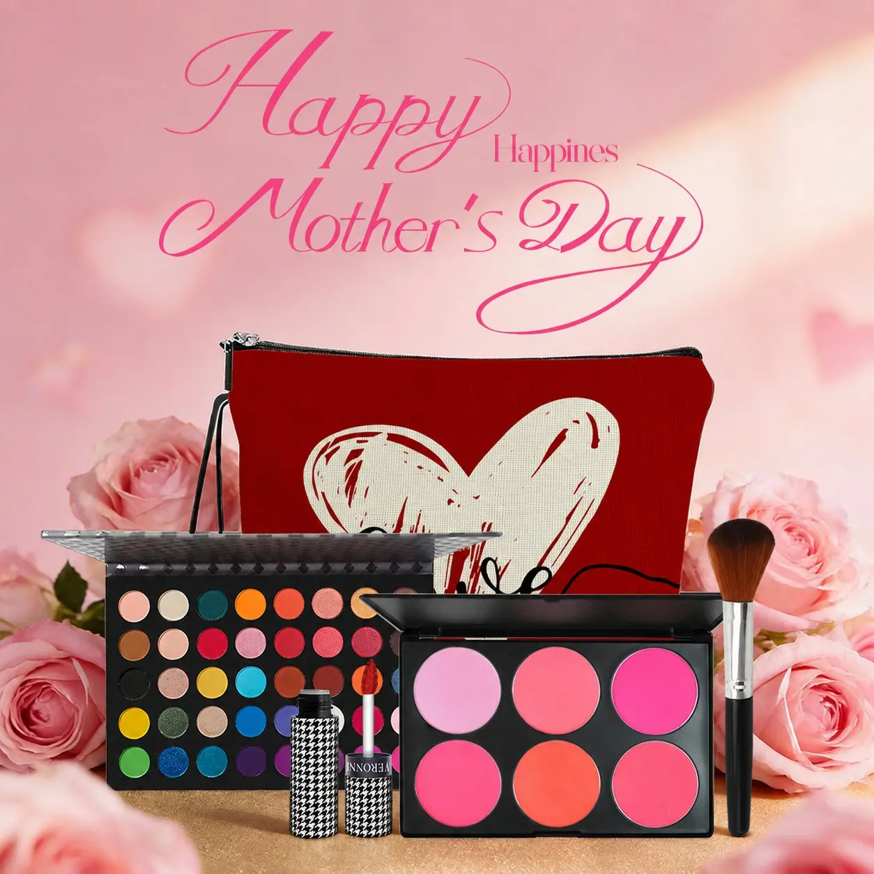 4-Piece Girls Makeup Gift Set, Heart Cosmetic Bag, Multifunctional Beauty Kit, Eyeshadow, Perfect for Valentine's Day, Birthday, Anniversary