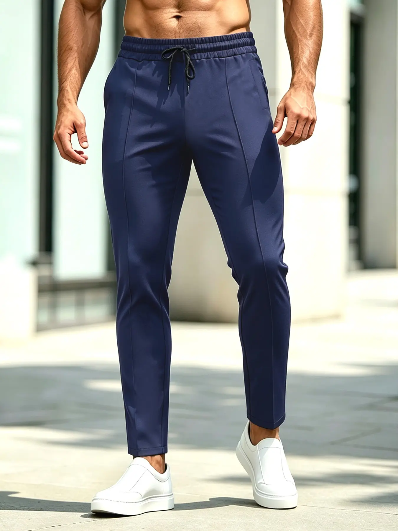 Men's Navy Blue Elastic Drawstring Casual Pants – Urban Light Business Casual Style, 3D Center Seam Design, Versatile Long Pants for Young and Middle-aged Men, Perfect for Work Commute, Daily Wear, Dating, and Travel