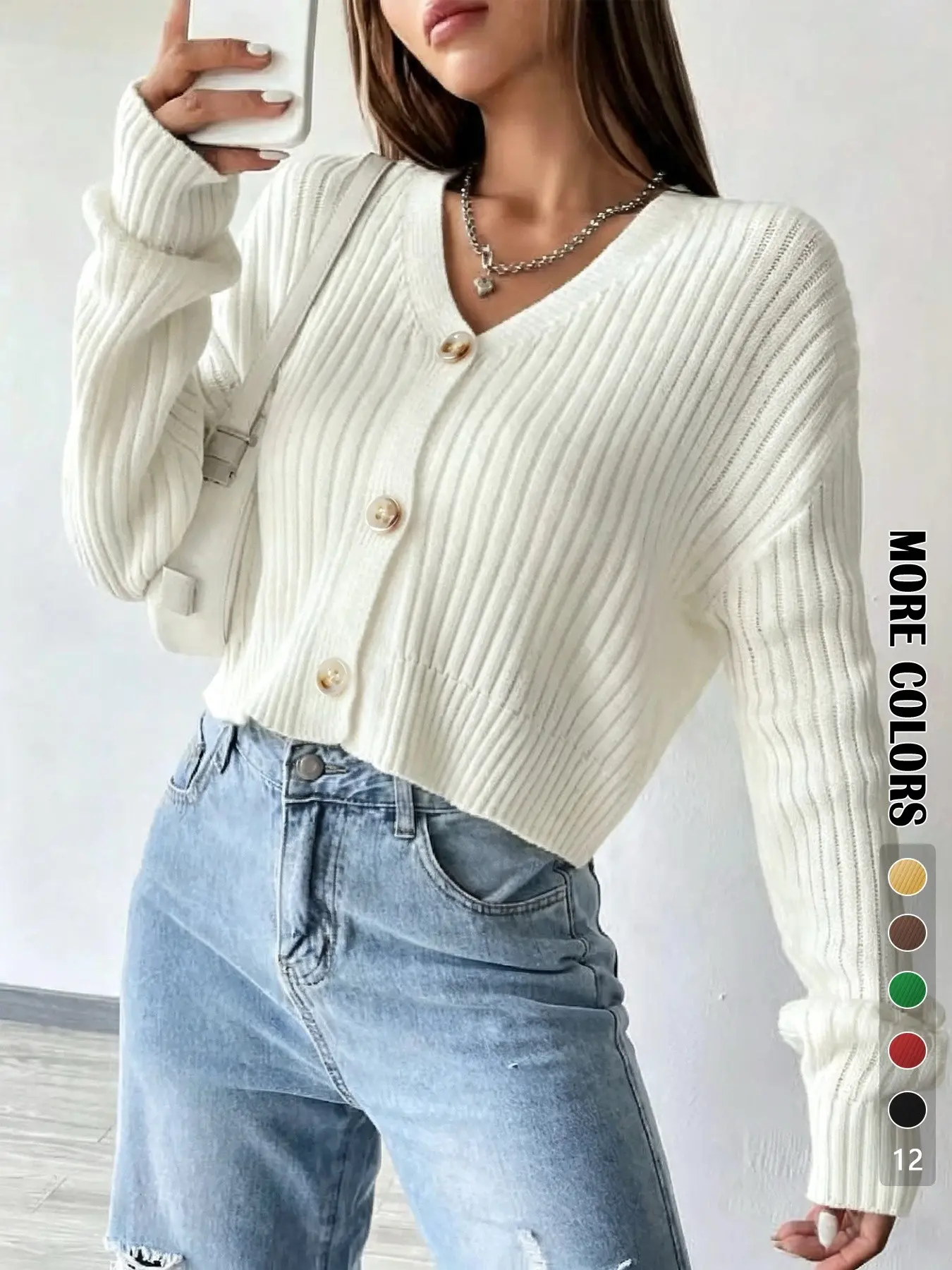 Women's Plain Minimalist Button Front Drop Shoulder Cardigan, Casual Solid Long Sleeve V Neck Knitwear for Fall & Winter, Women's Clothing for Daily Wear