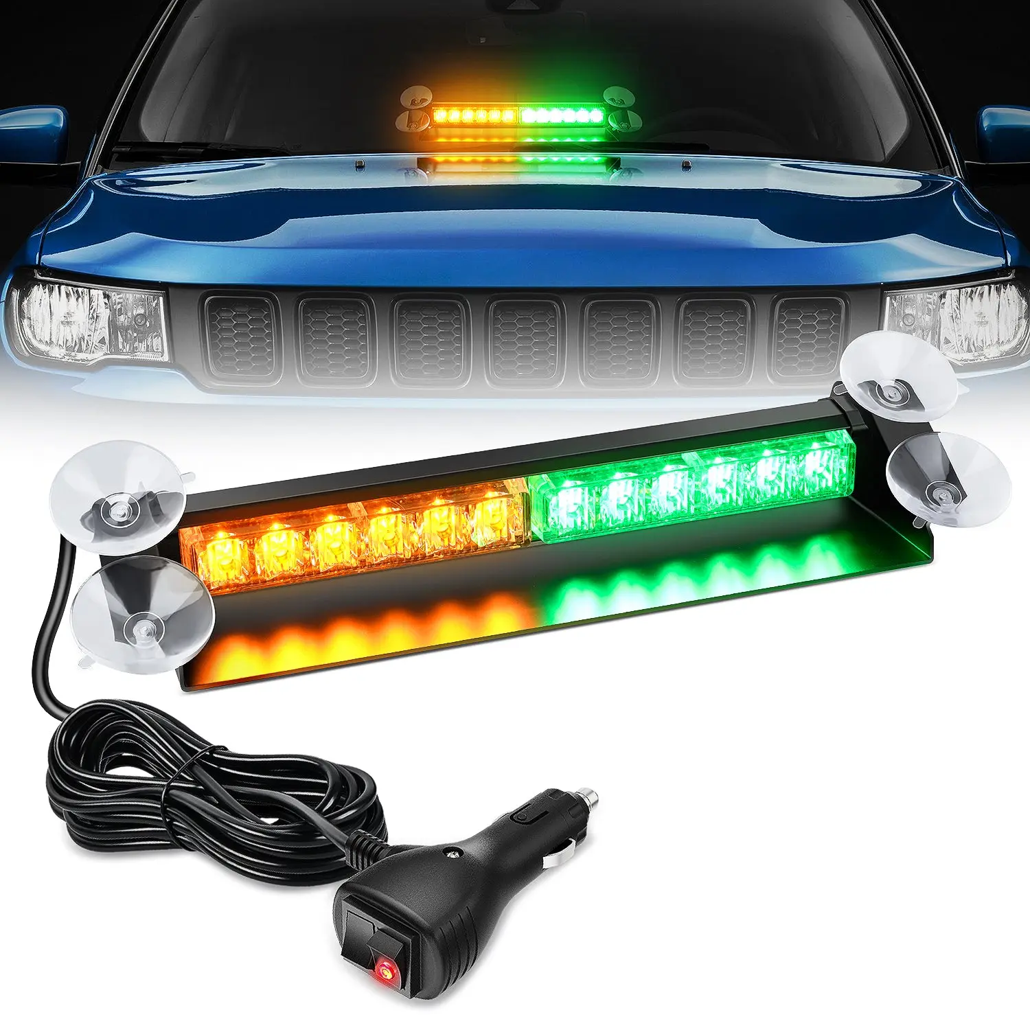 Nilight 12-LED Traffic Advisor Strobe Light Bar, 12-24V DC Aluminum Suction-Mount, Amber-Green Emergency Warning Lights with 9.94ft Cable, Dual Switch Design for First Responders’ Tinted Vehicles (Dash/Front-Rear Windshield), Law Enforcement