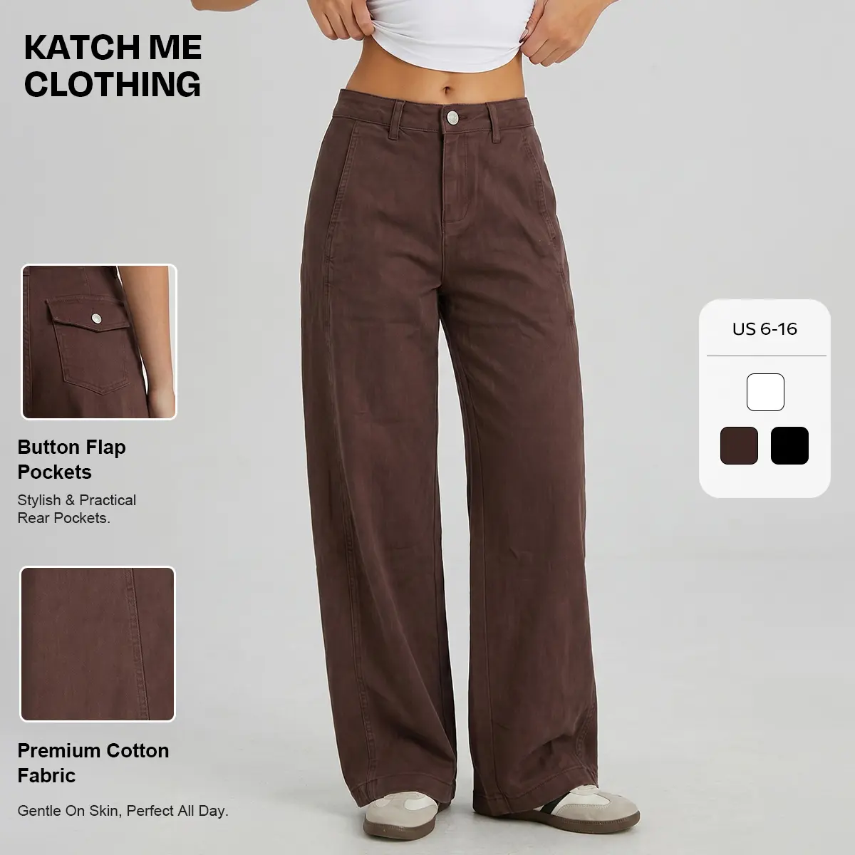KATCH ME Women's High-Waist Baggy Wide Leg Jeans, Casual Wrinkle-Resistant Stretch Cotton Denim with Pockets, Basic, Clothes, Loose Fit, Elastane