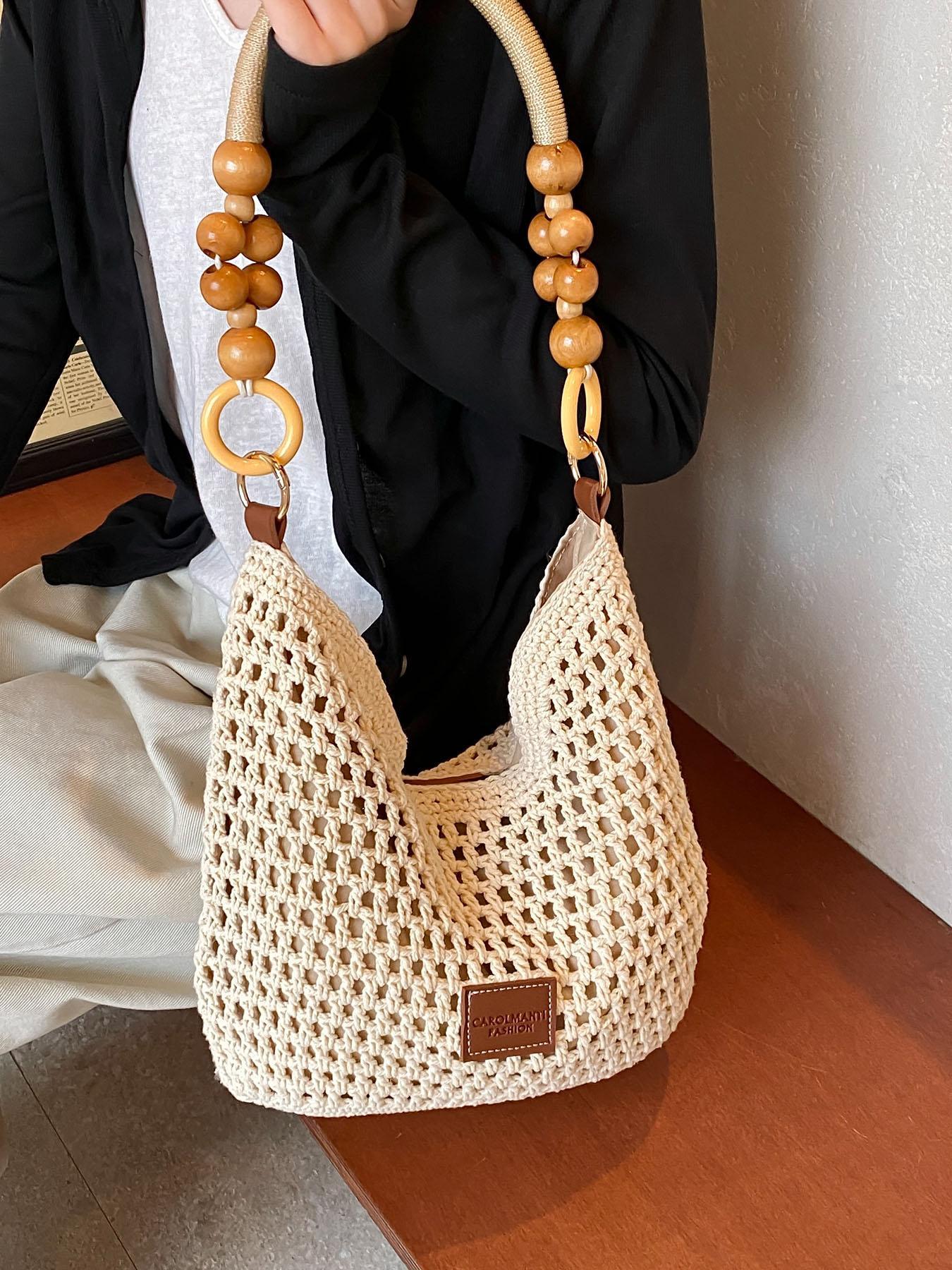 Women's Elegant Crochet Crossbody Bag, Fashionable Shoulder Bag with Wooden Beads Handle, Casual Trendy Versatile High-quality Daily Commuting Bag, Crossbody Purse, Casual Commuter Bag