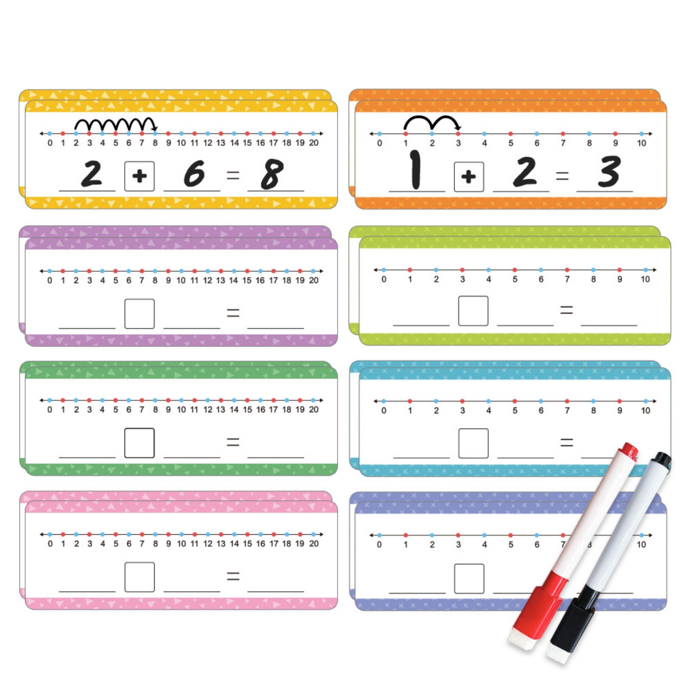 Math Addition and Subtraction Teaching Aids for Kids, 16 Writable Number Line Cards for 0-20 Practice, Includes 2 Erasable Markers, Math Learning Tools