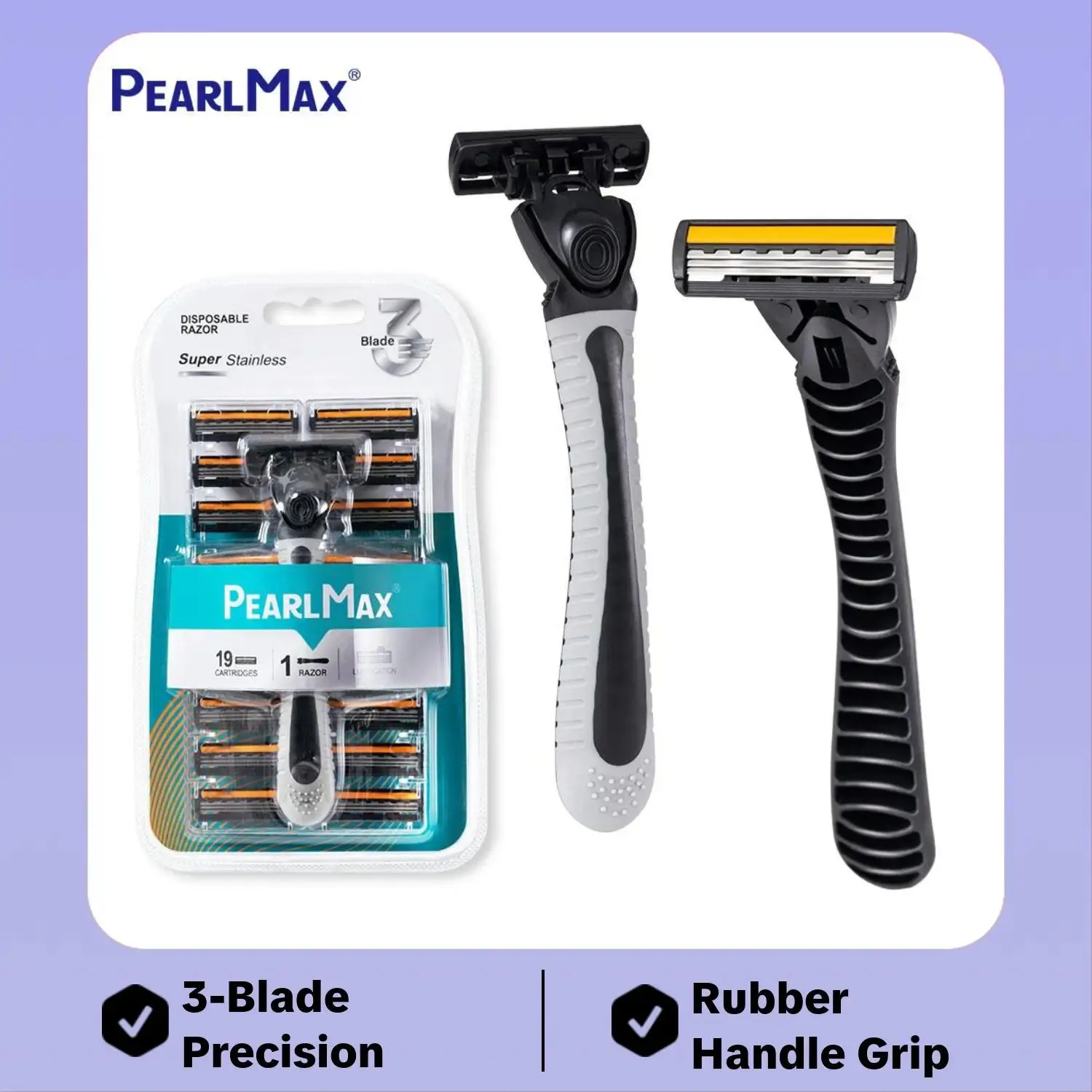 Pearlmax Stainless Steel 3-Blade Men's Face Shaver, Unisex Shaving Razor with Rubber Handle for Facial Hair Grooming