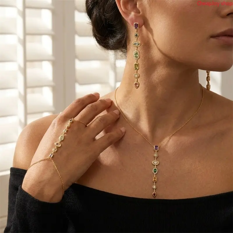 3pcs Women's Adjustable Boho 7-Chakra Stone Pendant Design Gold Necklace - Pave Artificial Gemstone Statement Necklaces, Boho Outfits Accessory, Mother's Day Gift Iced Out Chains