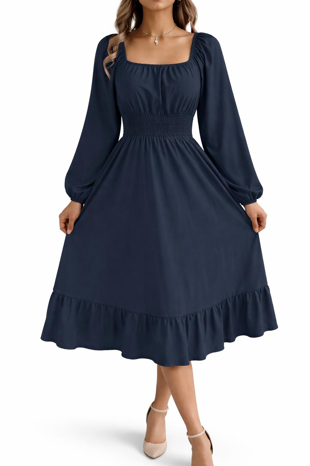 2026 Spring and Summer Leisure Solid Color Square Collar Long Sleeve Waist-Cinched A-Line Skirt