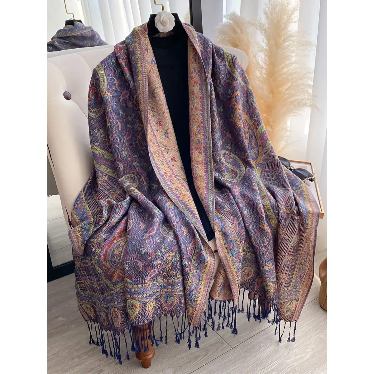 Bohemian Paisley Wrap Scarf for Women, Soft Imitation Cashmere Accessory, Versatile All-Seasons Head Wrap with Fringe