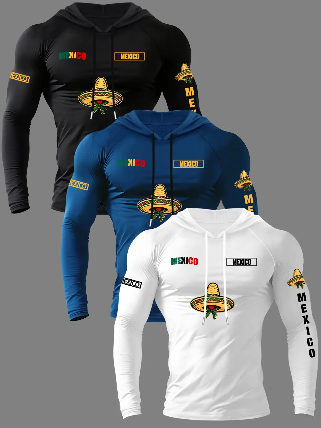 Men's 3-Piece Eagle Letter Print Hooded Long Sleeve T-Shirt Set, Graphic Hoodies, Casual Fitted Hoodie, Hoodie Letter Logo, Casual Outdoor Spring Fall Wear, Fashion Streetwear Apparel, 3-Pack