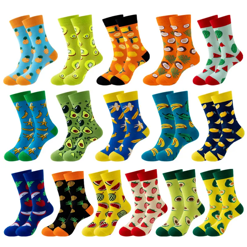 Women's Pure Cotton Graphic Party Socks - Cute Ribbed Simple Fruit Cartoon Food Stocking, Mid-Calf Ankle Warm Socks with Strawberry, Avocado, Banana, Pineapple, Watermelon Designs, Casual Everyday Fashion Fun Gift