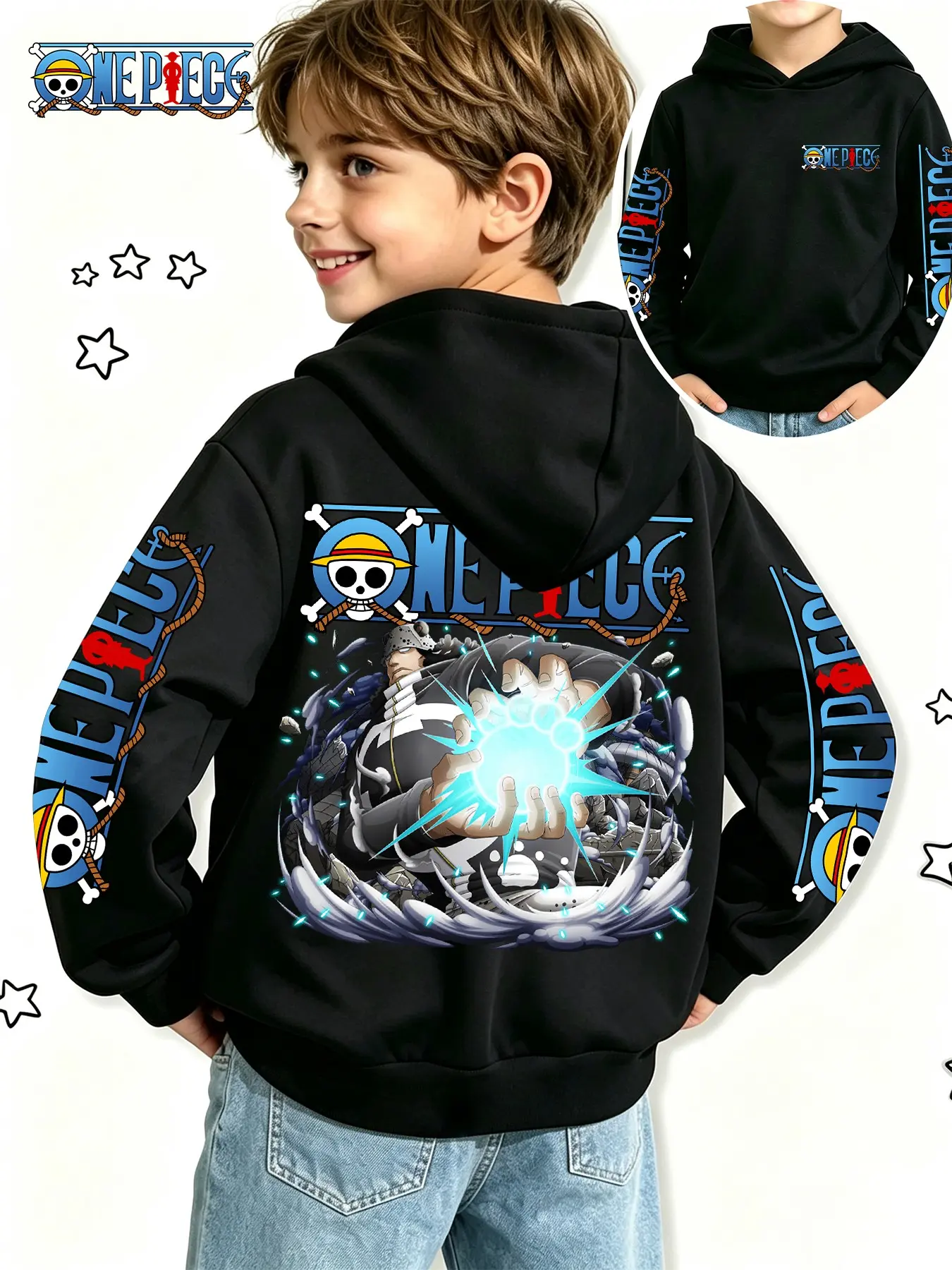 One Piece Boys' Anime Sweatshirt, Baroque Works Laser Impact Design, Spring & Fall Casual Loose Fit, Perfect for Gifts & Daily Wear