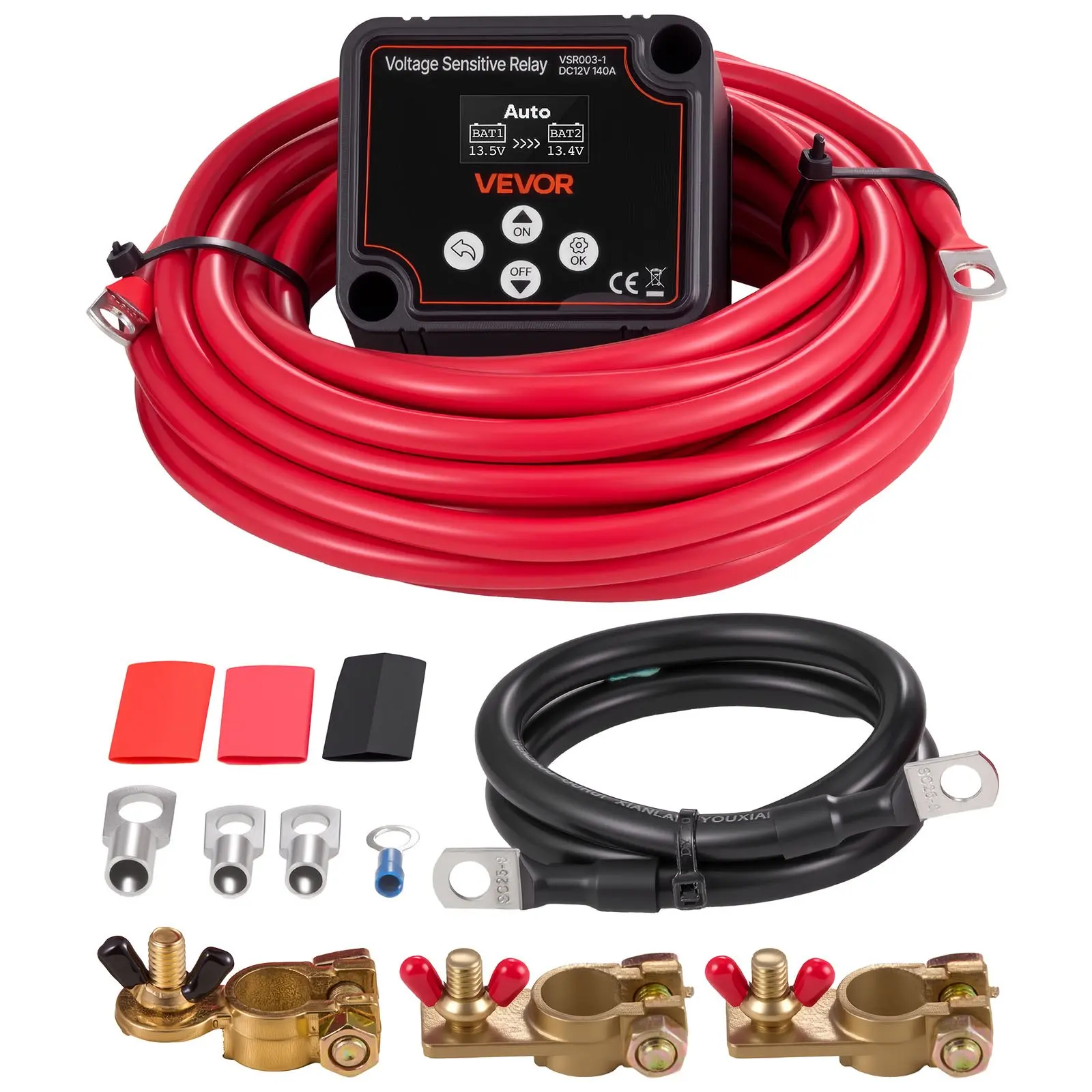 VEVOR Dual Battery Isolator Kit, 12V 140 Amp 20 ft 6AWG, Manual and Automatic VSR Voltage Sensitive Relay with Voltmeter, LCD Screen, Smart Battery Isolator, Compatible with Lithium Batteries, for UTV