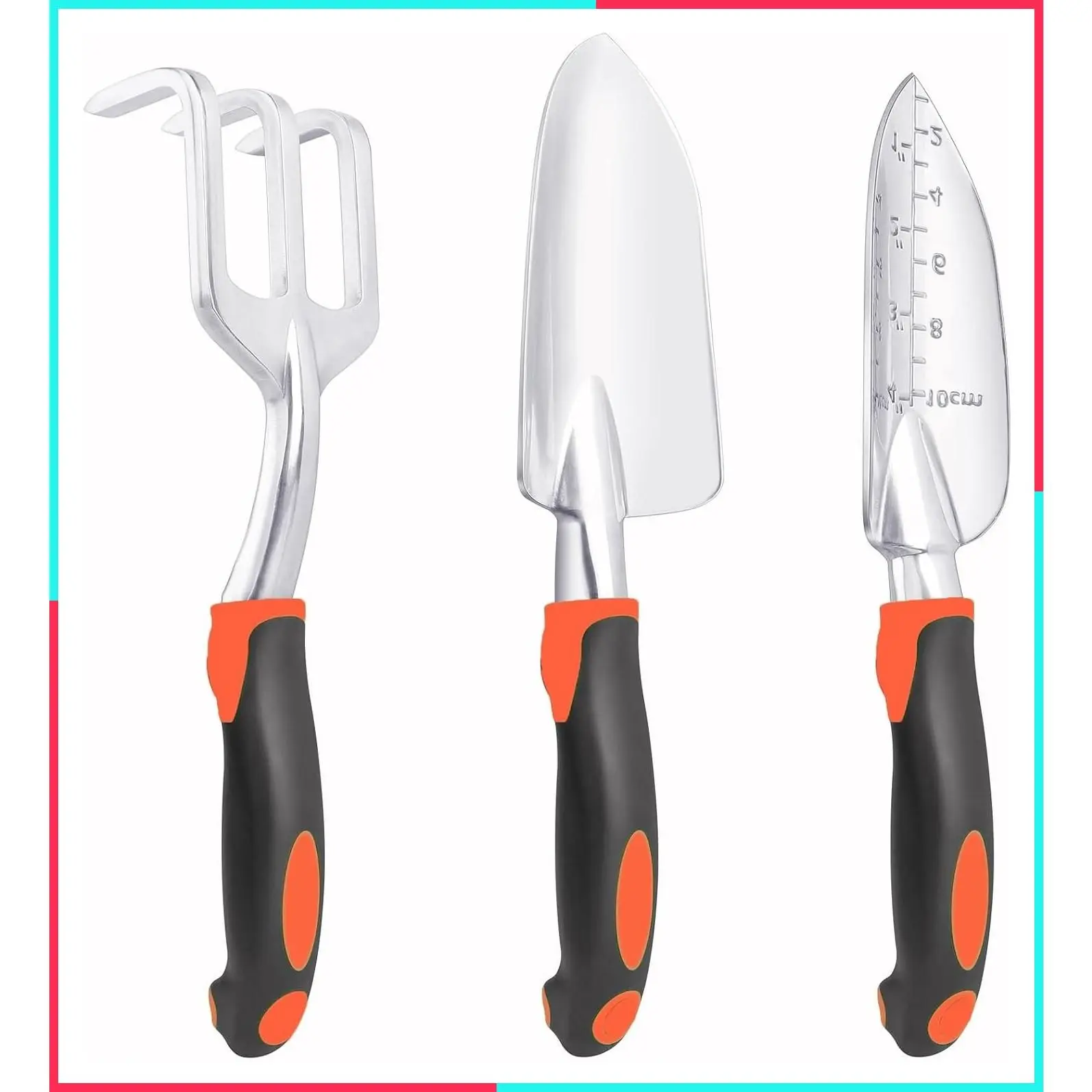 3 Pack Heavy Duty Garden Tools Set with Shovel, Transplant Trowel & Hand Rake, Ergonomic Aluminum Alloy Handle, Orange