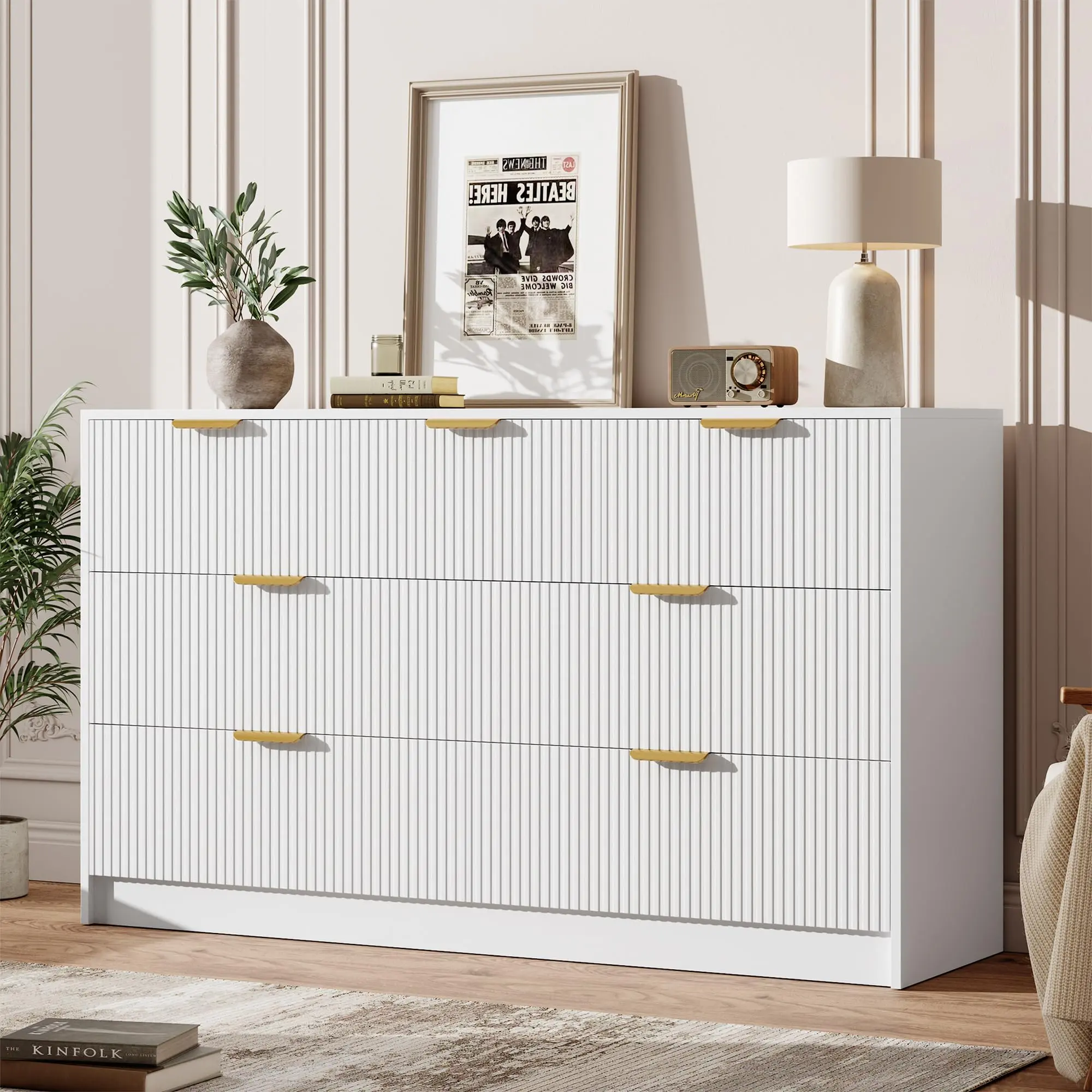 GARVEE 7 Drawers Dresser - 54" Wide Modern Fluted Double Chest of Drawers with Golden Metal Handles, Large Multi-Function Home Organizer for Bedroom, Living Room, Entryway, White