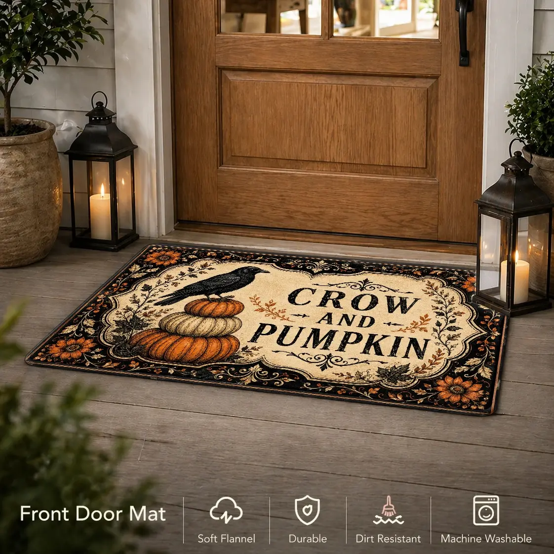 Flannel Floor Mat 1pc/2pcs/3pcs Vintage Crow Pumpkin Halloween Thanksgiving Doormat, non-slip backing, machine washable, crow and pumpkin pattern, autumn decoration suitable for living room, bedroom, kitchen entrance, American country style