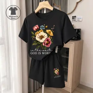 Women's In The Waiting God Is Working Graphic Short Sleeve T-Shirt And Shorts Set, Casual Summer Two-Piece Outfit With Crew Neck Top And Drawstring Waist Shorts For Daily Wear