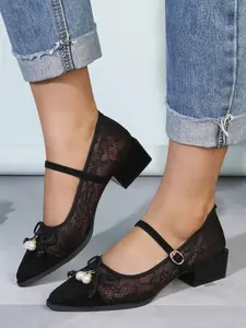 Women's Lace Pointed Toe Mary Jane Low Block Heel Pumps, Size 35-42 Plus Sizes, Multiple Colors Available, 2026 Spring Summer New, Pearl Rhinestone Buckle, Soft Sole Comfort Versatile, Gentle Lady Daily Shoes, Daily Commute, Dating Shopping, Banquet Party